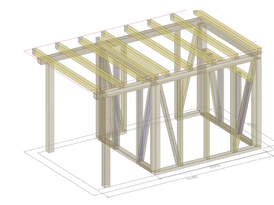 3D-Ansicht eines kleinen Gartenhauses in Holzbauweise mit Sparrenlage